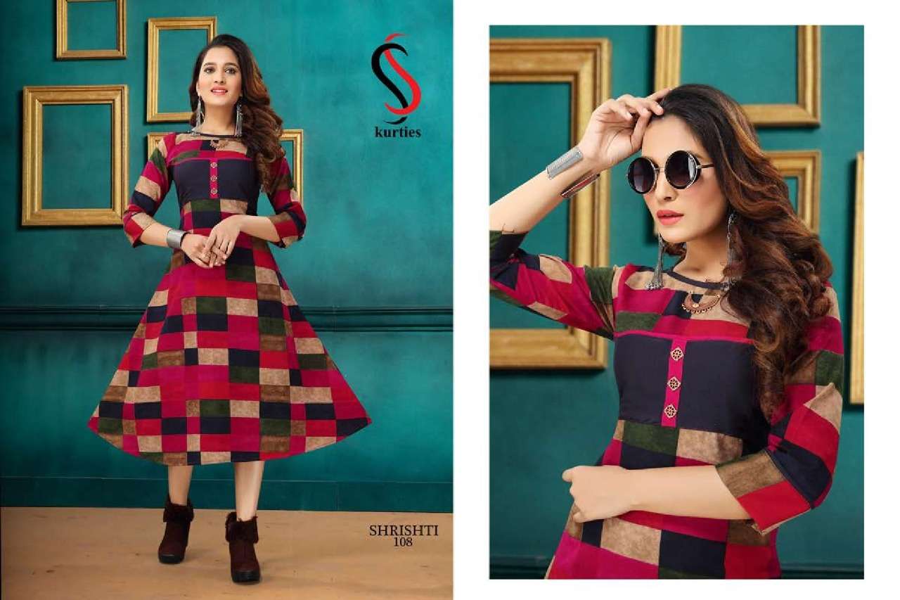 SHRISHTI BY S S KURTIS 101 TO 110 SERIES BEAUTIFUL STYLISH FANCY COLORFUL CASUAL WEAR & ETHNIC WEAR & READY TO WEAR RAYON PRINTED KURTI AT WHOLESALE PRICE