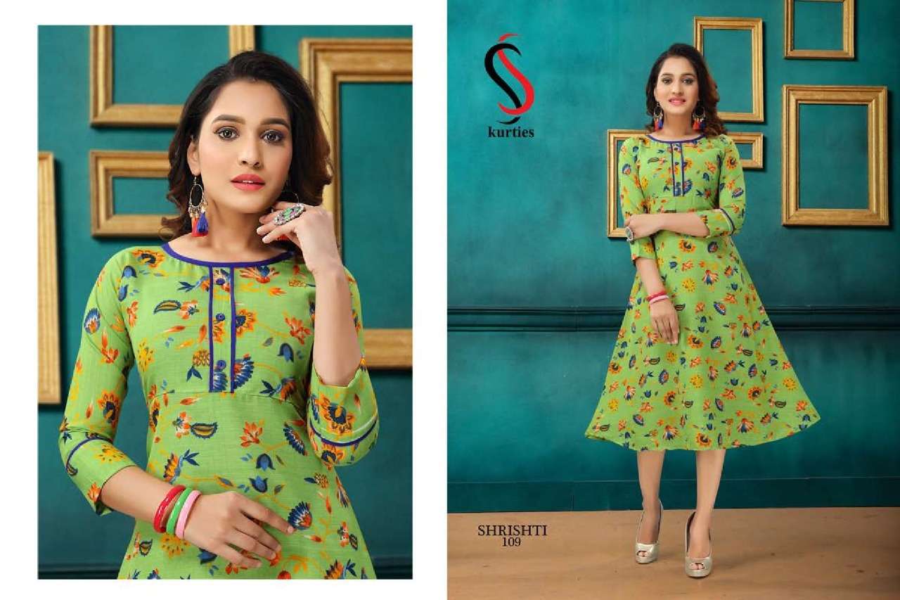 SHRISHTI BY S S KURTIS 101 TO 110 SERIES BEAUTIFUL STYLISH FANCY COLORFUL CASUAL WEAR & ETHNIC WEAR & READY TO WEAR RAYON PRINTED KURTI AT WHOLESALE PRICE