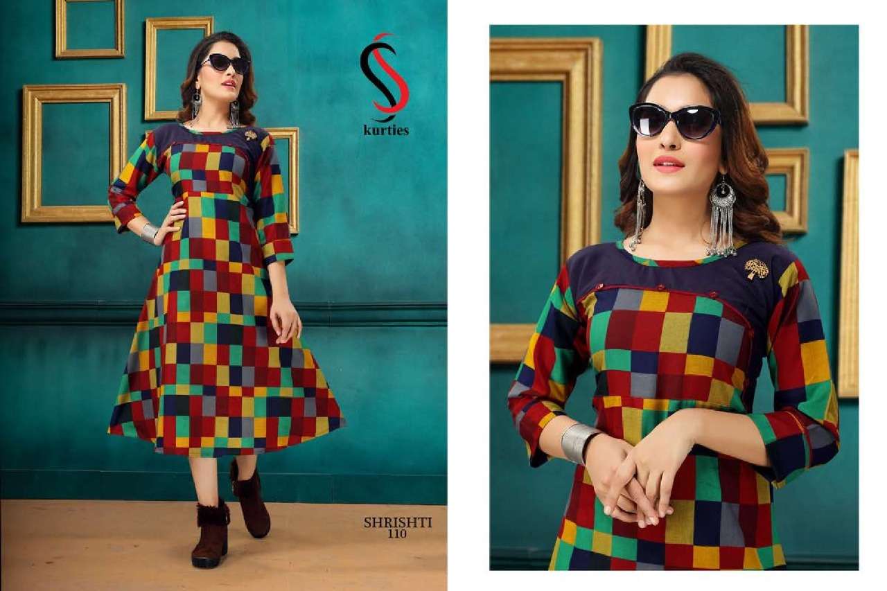 SHRISHTI BY S S KURTIS 101 TO 110 SERIES BEAUTIFUL STYLISH FANCY COLORFUL CASUAL WEAR & ETHNIC WEAR & READY TO WEAR RAYON PRINTED KURTI AT WHOLESALE PRICE