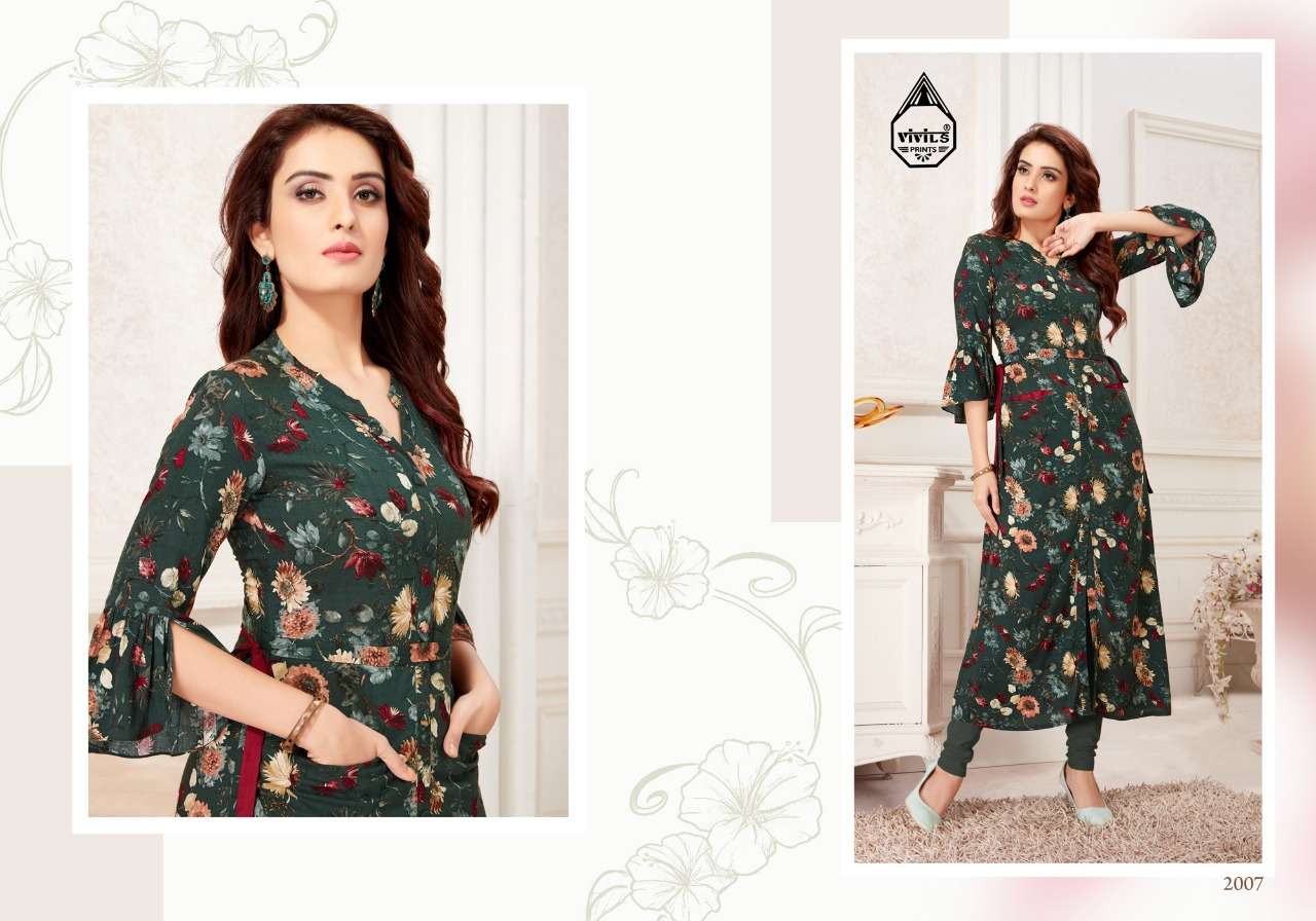 KAASH VOL-2 BY VIVILS PRINTS 2001 TO 2007 SERIES BEAUTIFUL STYLISH FANCY COLORFUL CASUAL WEAR & ETHNIC WEAR & READY TO WEAR RAYON KURTI AT WHOLESALE PRICE