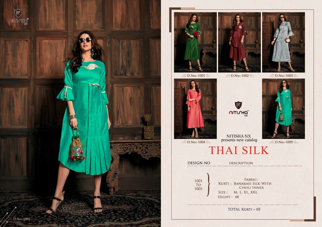 THAI SILK BY NITISHA NX 1001 TO 1005 SERIES BEAUTIFUL STYLISH FANCY COLORFUL CASUAL WEAR & ETHNIC WEAR & READY TO WEAR BANARASI SILK KURTI AT WHOLESALE PRICE