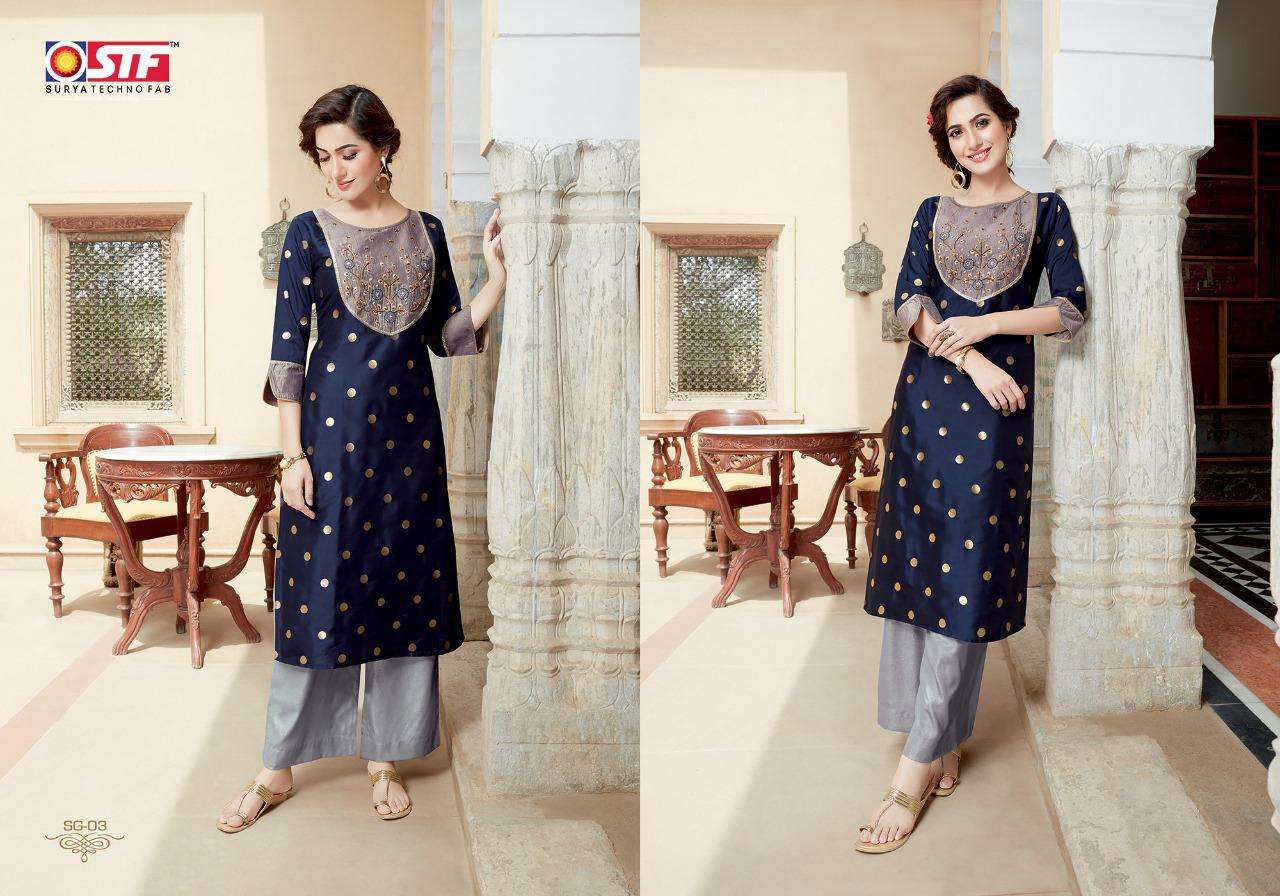 SANGHINI BY SURYA TECHNO FAB 01 TO 08 SERIES BEAUTIFUL STYLISH FANCY COLORFUL CASUAL WEAR & ETHNIC WEAR & READY TO WEAR SILK JACQUARD WITH ASTER  KURTIS AT WHOLESALE PRICE