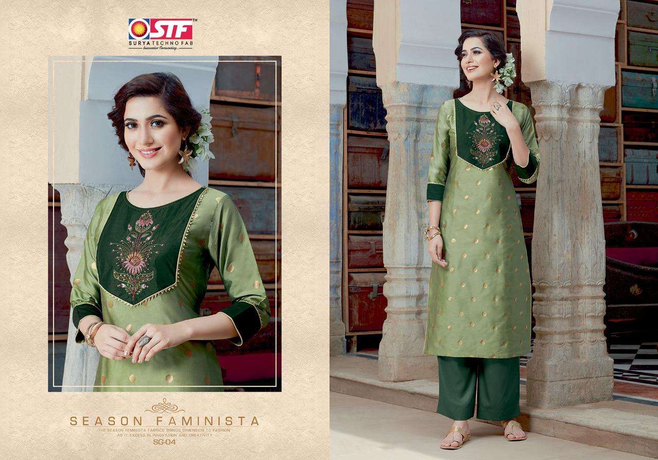 SANGHINI BY SURYA TECHNO FAB 01 TO 08 SERIES BEAUTIFUL STYLISH FANCY COLORFUL CASUAL WEAR & ETHNIC WEAR & READY TO WEAR SILK JACQUARD WITH ASTER  KURTIS AT WHOLESALE PRICE