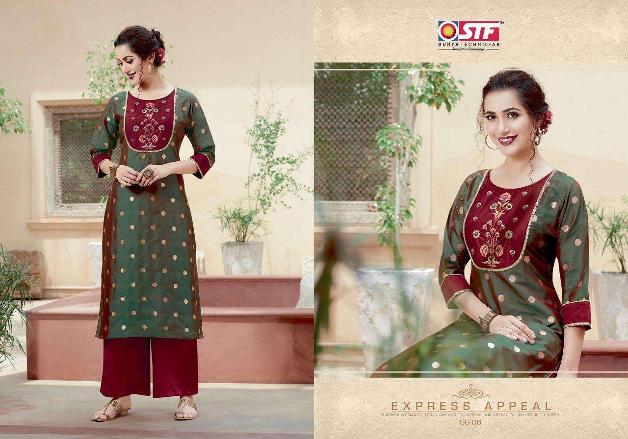 SANGHINI BY SURYA TECHNO FAB 01 TO 08 SERIES BEAUTIFUL STYLISH FANCY COLORFUL CASUAL WEAR & ETHNIC WEAR & READY TO WEAR SILK JACQUARD WITH ASTER  KURTIS AT WHOLESALE PRICE