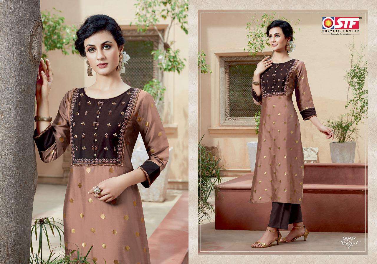 SANGHINI BY SURYA TECHNO FAB 01 TO 08 SERIES BEAUTIFUL STYLISH FANCY COLORFUL CASUAL WEAR & ETHNIC WEAR & READY TO WEAR SILK JACQUARD WITH ASTER  KURTIS AT WHOLESALE PRICE