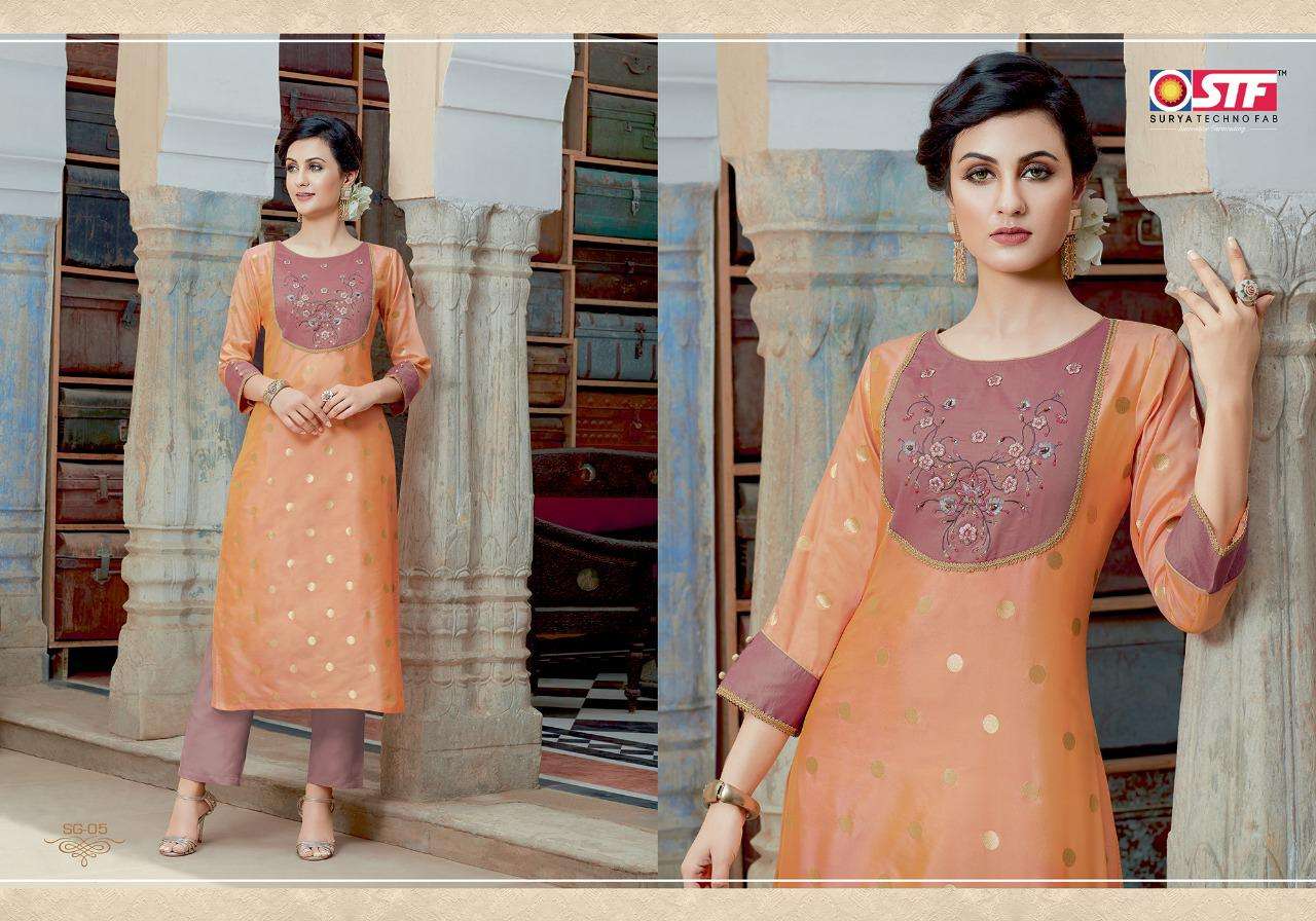 SANGHINI BY SURYA TECHNO FAB 01 TO 08 SERIES BEAUTIFUL STYLISH FANCY COLORFUL CASUAL WEAR & ETHNIC WEAR & READY TO WEAR SILK JACQUARD WITH ASTER  KURTIS AT WHOLESALE PRICE