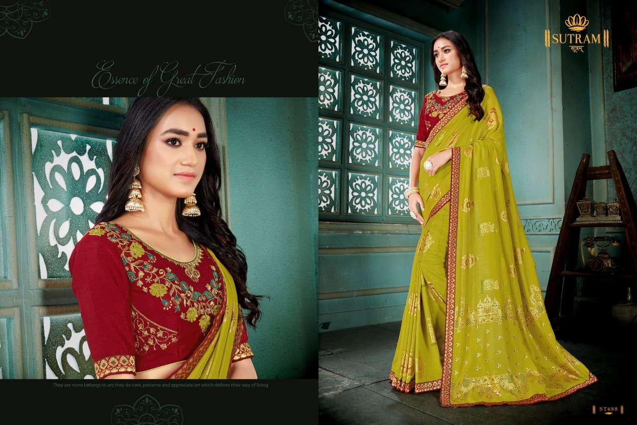 ZEEYA VOL-9 BY SUTRAM 686 TO 693 SERIES INDIAN TRADITIONAL WEAR COLLECTION BEAUTIFUL STYLISH FANCY COLORFUL PARTY WEAR & OCCASIONAL WEAR VICHITRA SILK EMBROIDERED SAREES AT WHOLESALE PRICE
