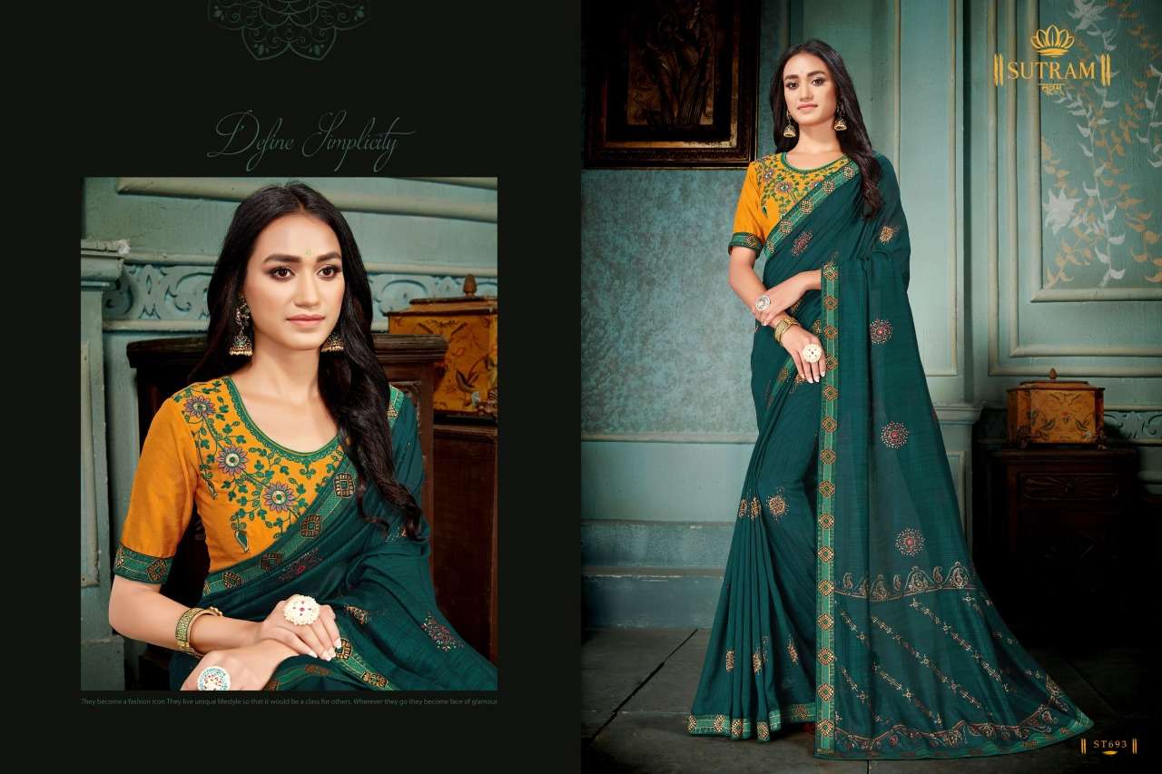ZEEYA VOL-9 BY SUTRAM 686 TO 693 SERIES INDIAN TRADITIONAL WEAR COLLECTION BEAUTIFUL STYLISH FANCY COLORFUL PARTY WEAR & OCCASIONAL WEAR VICHITRA SILK EMBROIDERED SAREES AT WHOLESALE PRICE
