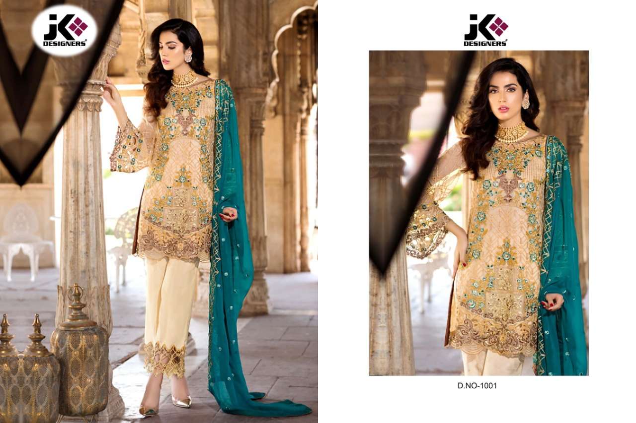 GUJARISH BY JK DESIGNER 1001 TO 1005 SERIES PAKISTANI TRADITIONAL WEAR COLLECTION BEAUTIFUL STYLISH FANCY COLORFUL PARTY WEAR & OCCASIONAL WEAR GEORGETTE WITH HEAVY EMBROIDERY  DRESS AT WHOLESALE PRICE