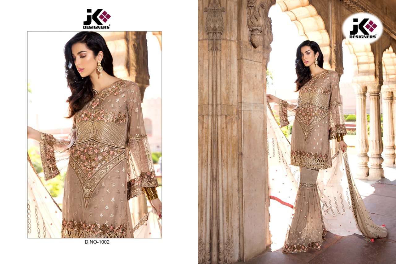 GUJARISH BY JK DESIGNER 1001 TO 1005 SERIES PAKISTANI TRADITIONAL WEAR COLLECTION BEAUTIFUL STYLISH FANCY COLORFUL PARTY WEAR & OCCASIONAL WEAR GEORGETTE WITH HEAVY EMBROIDERY  DRESS AT WHOLESALE PRICE