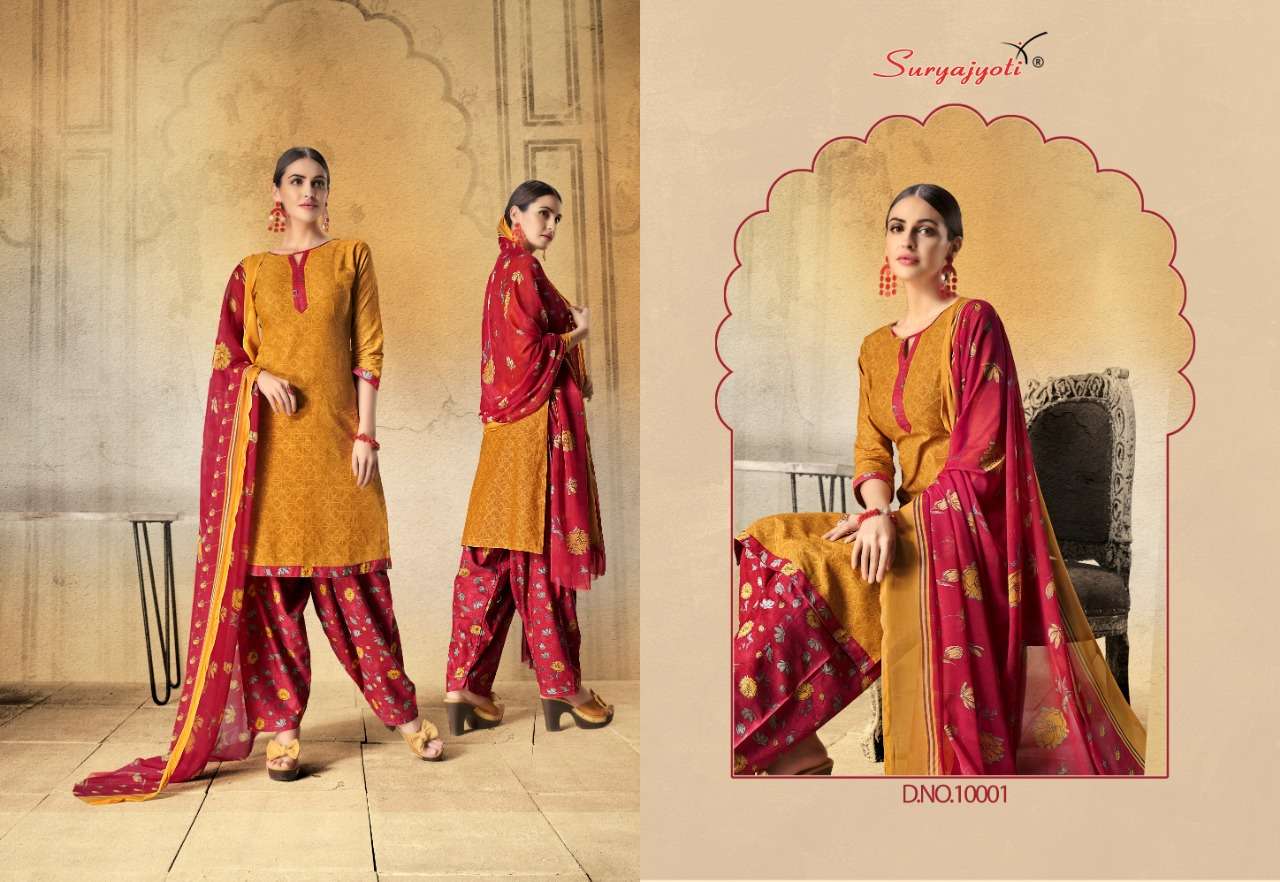 CHIFFON PATIALA VOL-10 BY SURYAJYOTI 10001 TO 10010 SERIES BEAUTIFUL STYLISH FANCY COLORFUL CASUAL WEAR & ETHNIC WEAR SATIN COTTON PRINTED DRESSES AT WHOLESALE PRICE