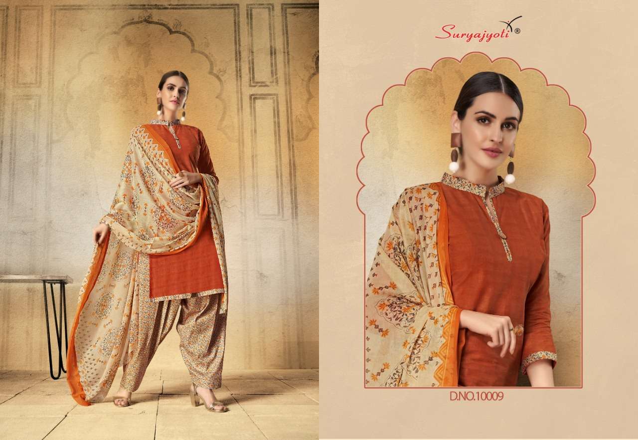 CHIFFON PATIALA VOL-10 BY SURYAJYOTI 10001 TO 10010 SERIES BEAUTIFUL STYLISH FANCY COLORFUL CASUAL WEAR & ETHNIC WEAR SATIN COTTON PRINTED DRESSES AT WHOLESALE PRICE