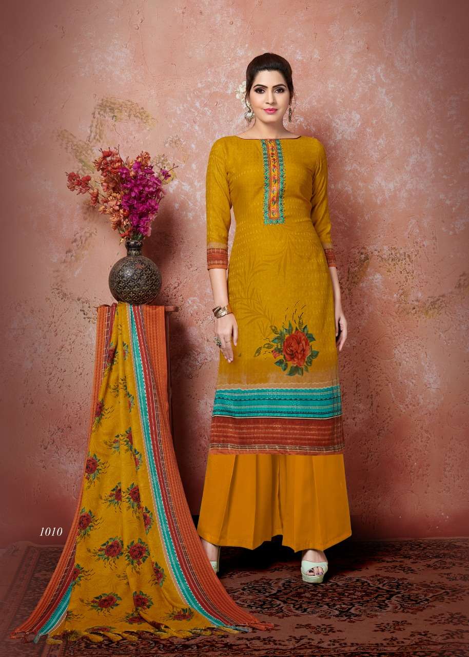 OLIVIA BY RITU INTER NATIONAL 1001 TO 1010 SERIES BEAUTIFUL STYLISH SHARARA SUITS FANCY COLORFUL CASUAL WEAR & ETHNIC WEAR & READY TO WEAR PURE PASHMINA JACQUARD DRESSES AT WHOLESALE PRICE