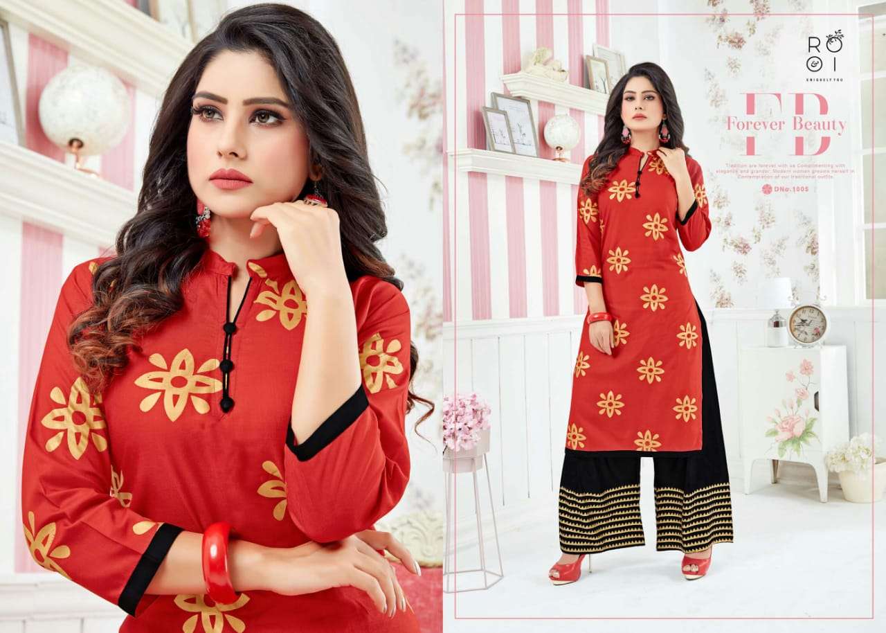 FESTIVE COLOURS BY ROOI 1001 TO 1006 SERIES BEAUTIFUL STYLISH FANCY COLORFUL CASUAL WEAR & ETHNIC WEAR & READY TO WEAR HEAVY RAYON GOLD PRINTED KURTIS AT WHOLESALE PRICE