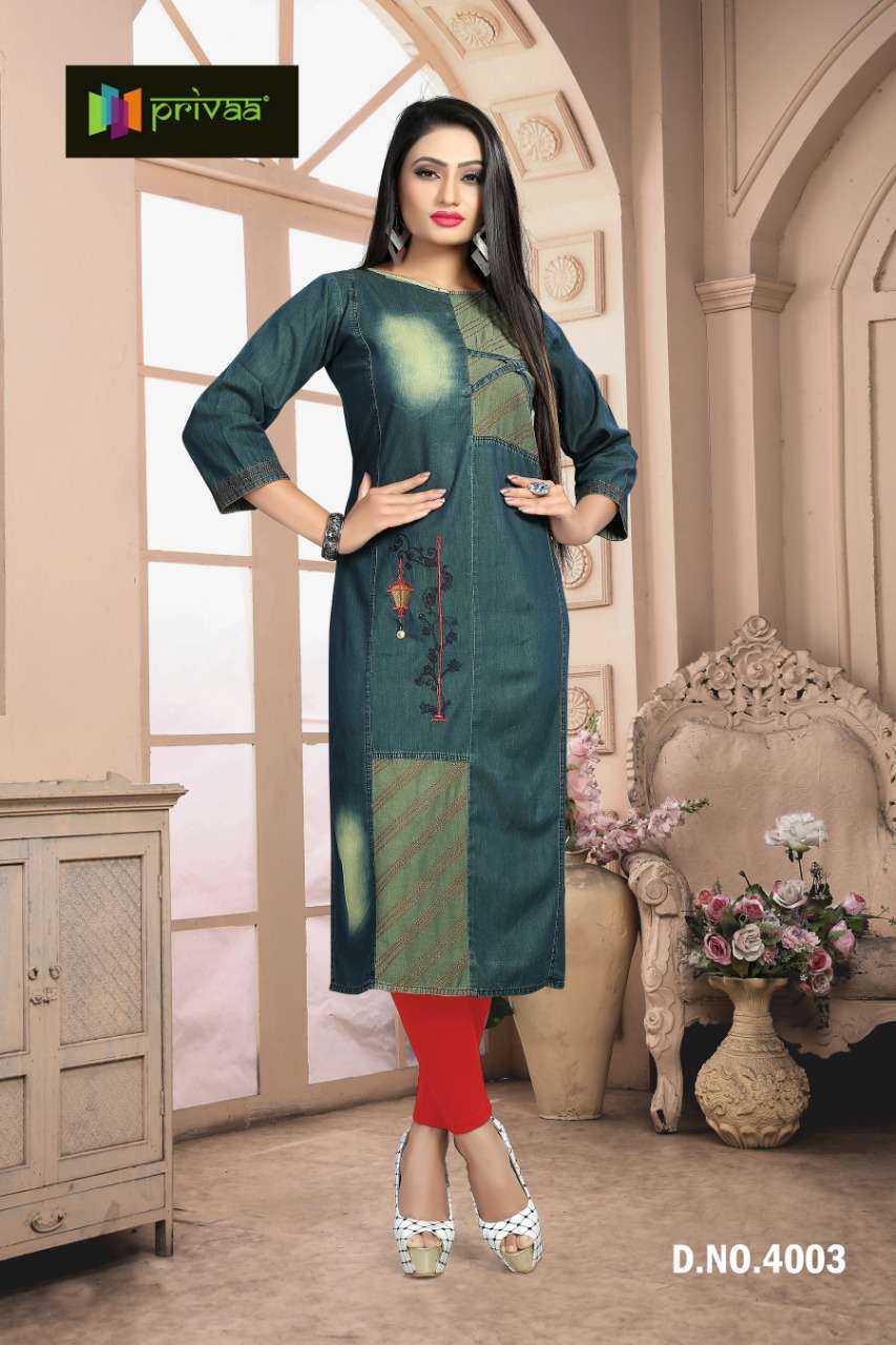CHOKIDAR VOL-4 BY PRIVAA 4001 TO 4006 SERIES INDIAN TRADITIONAL WEAR COLLECTION BEAUTIFUL STYLISH FANCY COLORFUL PARTY WEAR & OCCASIONAL WEAR DENIM KURTI WITH EMBROIDERY KURTIS AT WHOLESALE PRICE