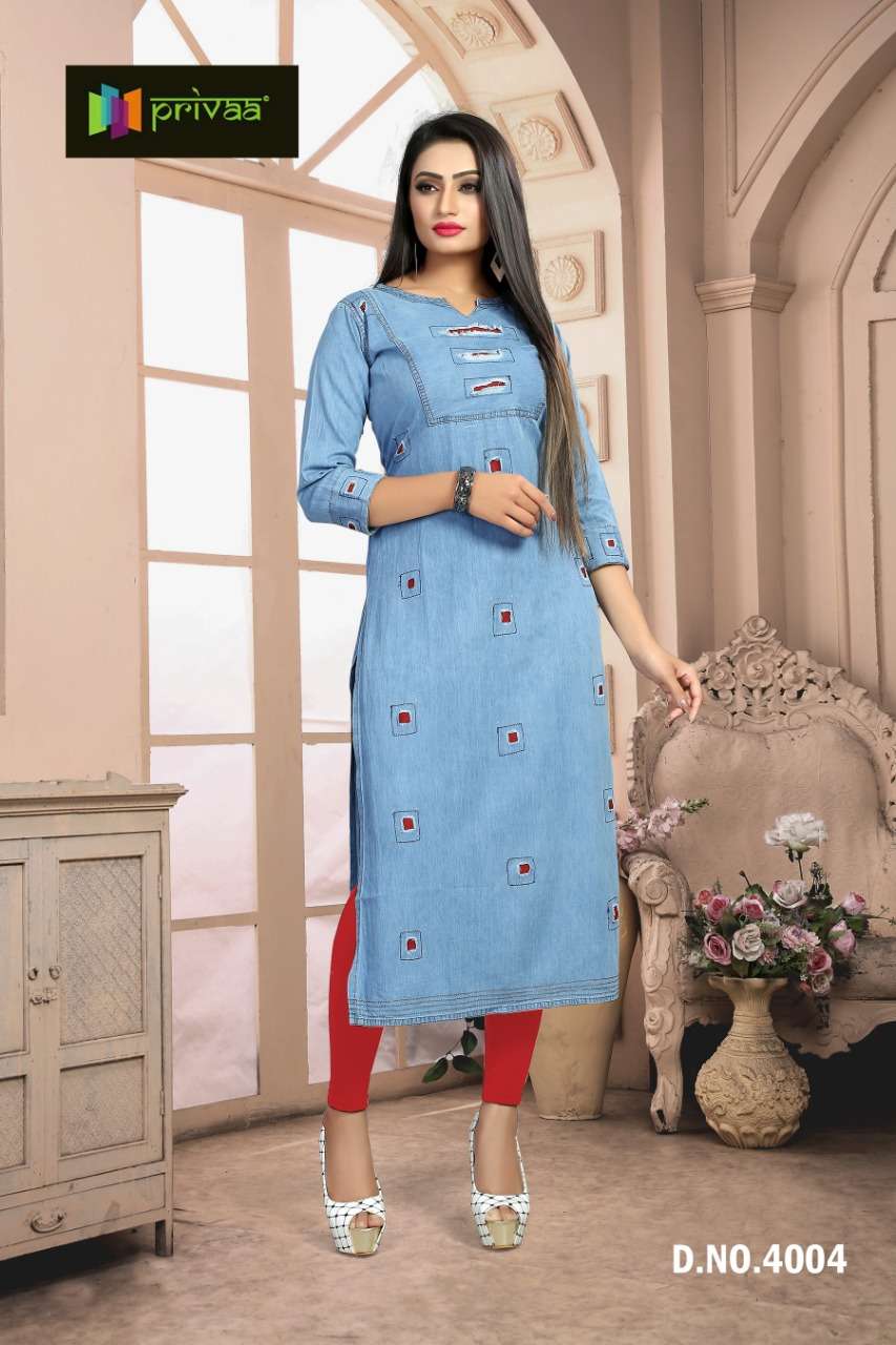 CHOKIDAR VOL-4 BY PRIVAA 4001 TO 4006 SERIES INDIAN TRADITIONAL WEAR COLLECTION BEAUTIFUL STYLISH FANCY COLORFUL PARTY WEAR & OCCASIONAL WEAR DENIM KURTI WITH EMBROIDERY KURTIS AT WHOLESALE PRICE