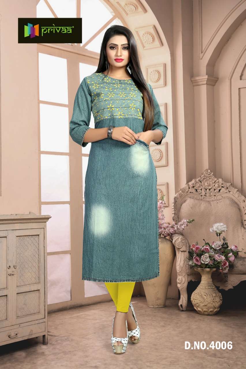 CHOKIDAR VOL-4 BY PRIVAA 4001 TO 4006 SERIES INDIAN TRADITIONAL WEAR COLLECTION BEAUTIFUL STYLISH FANCY COLORFUL PARTY WEAR & OCCASIONAL WEAR DENIM KURTI WITH EMBROIDERY KURTIS AT WHOLESALE PRICE