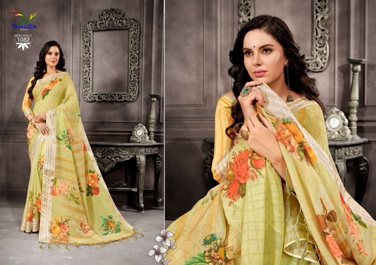 INDIAN BEAUTY VOL-5 BY TANUZA FASHION 1077 TO 1087 SERIES INDIAN TRADITIONAL WEAR COLLECTION BEAUTIFUL STYLISH FANCY COLORFUL PARTY WEAR & OCCASIONAL WEAR LINEN SAREES AT WHOLESALE PRICE