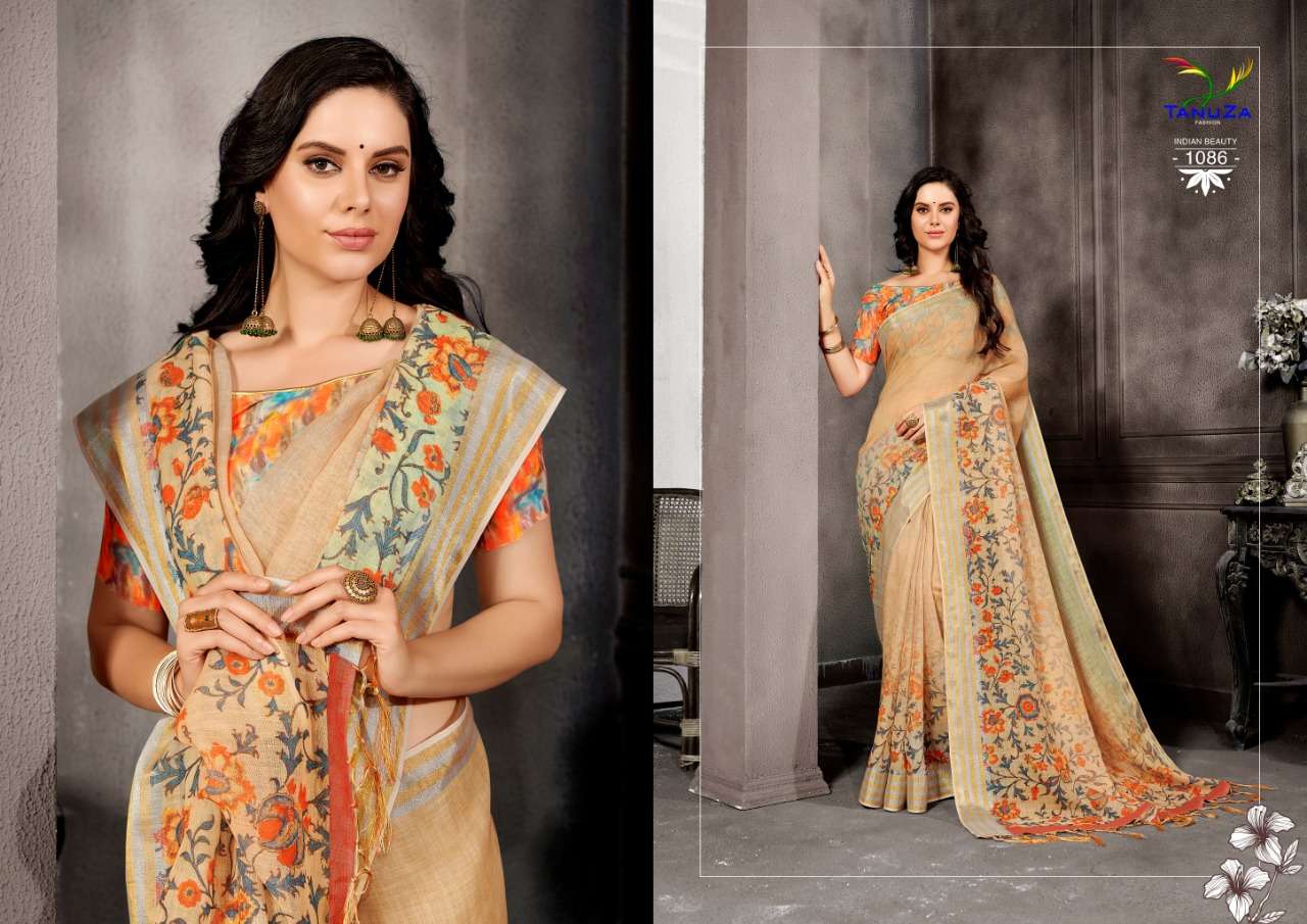 INDIAN BEAUTY VOL-5 BY TANUZA FASHION 1077 TO 1087 SERIES INDIAN TRADITIONAL WEAR COLLECTION BEAUTIFUL STYLISH FANCY COLORFUL PARTY WEAR & OCCASIONAL WEAR LINEN SAREES AT WHOLESALE PRICE