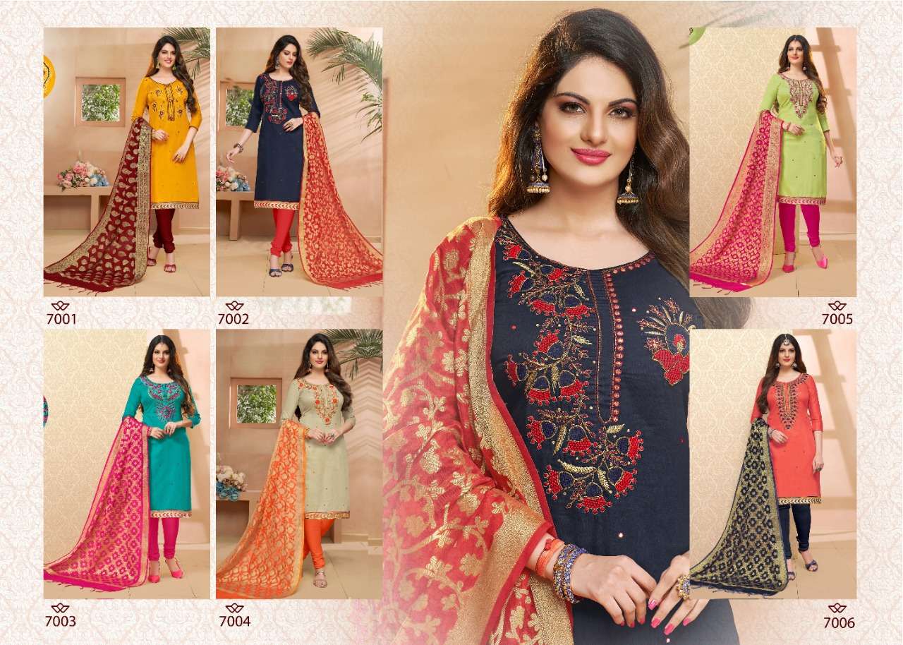 TAZIN VOL-7 BY UTSAV SUITS 7001 TO 7006 SERIES SUITS STYLISH BEAUTIFUL COLOURFUL PRINTED & EMBROIDERED PARTY WEAR & OCCASIONAL WEAR GLAZE COTTON DRESSES AT WHOLESALE PRICE
