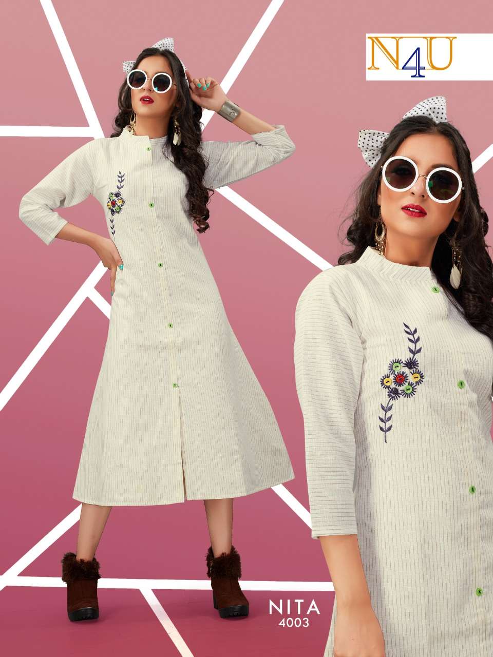 NITA BY N4U 4001 TO 4005 SERIES BEAUTIFUL STYLISH FANCY COLORFUL CASUAL WEAR & ETHNIC WEAR & READY TO WEAR HANDLOOM COTTON EMBROIDERY KURTIS AT WHOLESALE PRICE