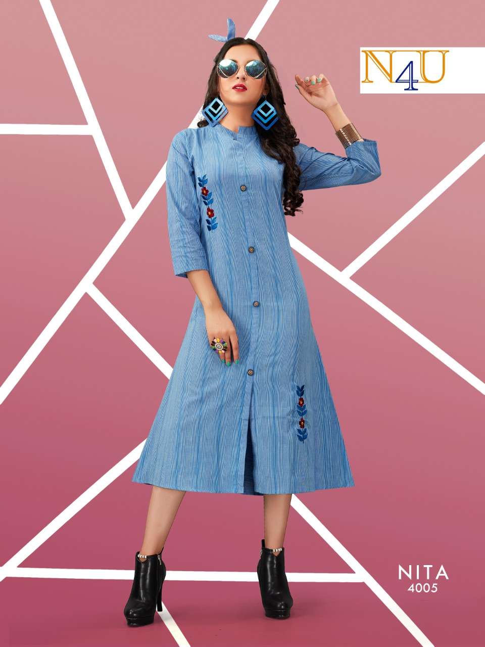 NITA BY N4U 4001 TO 4005 SERIES BEAUTIFUL STYLISH FANCY COLORFUL CASUAL WEAR & ETHNIC WEAR & READY TO WEAR HANDLOOM COTTON EMBROIDERY KURTIS AT WHOLESALE PRICE