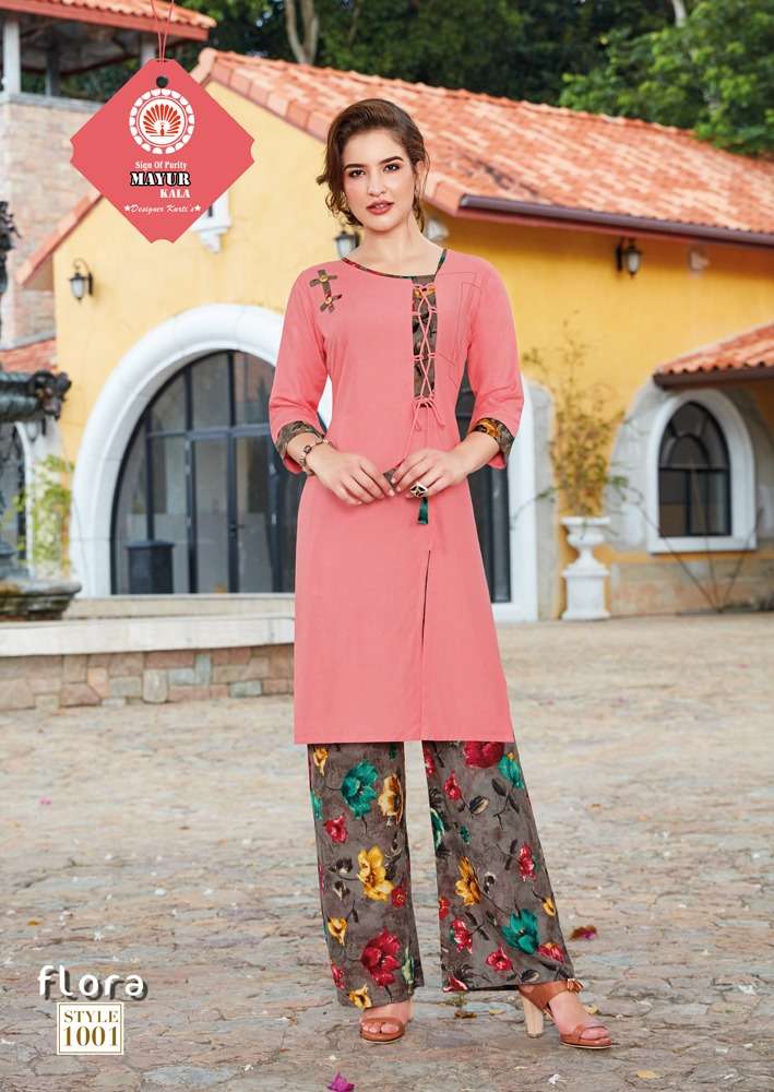 FLORA BY MAYUR KALA 1001 TO 1006 SERIES BEAUTIFUL COLORFUL STYLISH FANCY CASUAL WEAR & ETHNIC WEAR & READY TO WEAR HEAVY  RAYON 14 KG KURTIS AT WHOLESALE PRICE