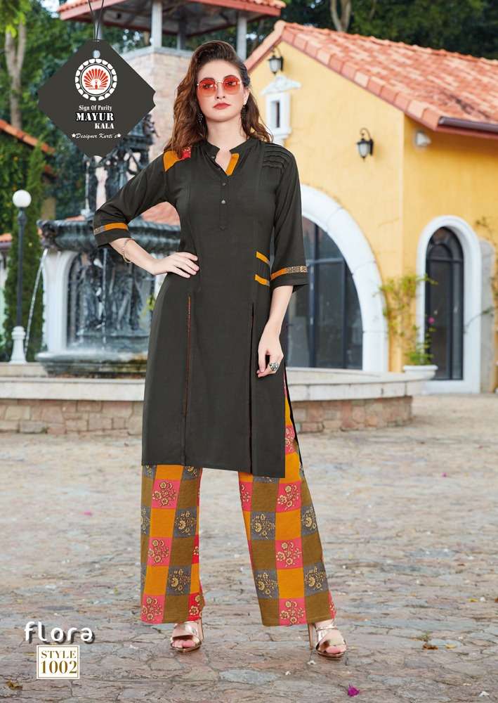 FLORA BY MAYUR KALA 1001 TO 1006 SERIES BEAUTIFUL COLORFUL STYLISH FANCY CASUAL WEAR & ETHNIC WEAR & READY TO WEAR HEAVY  RAYON 14 KG KURTIS AT WHOLESALE PRICE