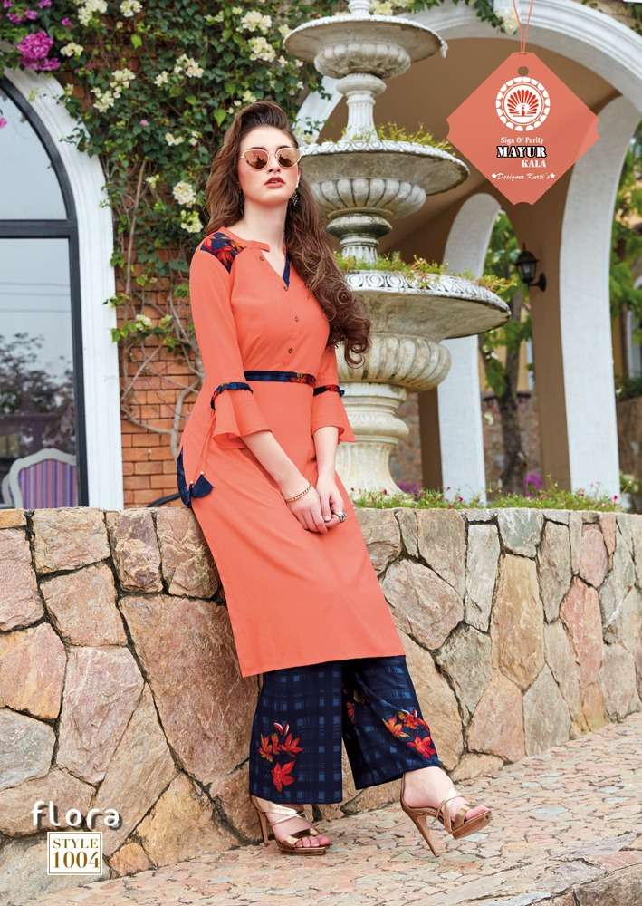 FLORA BY MAYUR KALA 1001 TO 1006 SERIES BEAUTIFUL COLORFUL STYLISH FANCY CASUAL WEAR & ETHNIC WEAR & READY TO WEAR HEAVY  RAYON 14 KG KURTIS AT WHOLESALE PRICE
