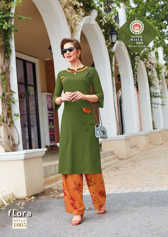 FLORA BY MAYUR KALA 1001 TO 1006 SERIES BEAUTIFUL COLORFUL STYLISH FANCY CASUAL WEAR & ETHNIC WEAR & READY TO WEAR HEAVY  RAYON 14 KG KURTIS AT WHOLESALE PRICE