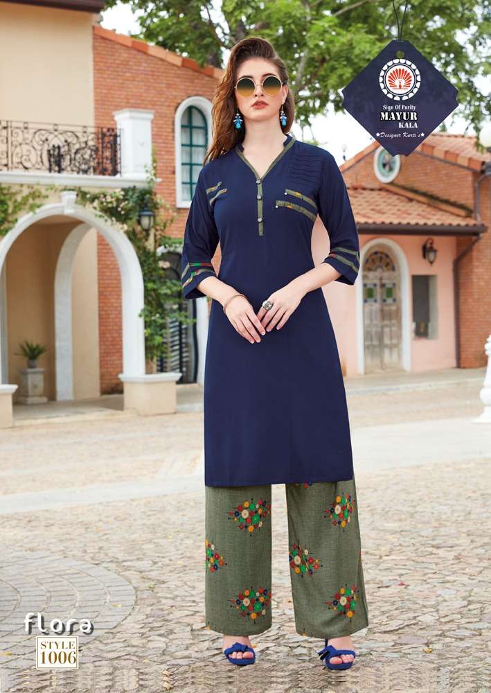 FLORA BY MAYUR KALA 1001 TO 1006 SERIES BEAUTIFUL COLORFUL STYLISH FANCY CASUAL WEAR & ETHNIC WEAR & READY TO WEAR HEAVY  RAYON 14 KG KURTIS AT WHOLESALE PRICE