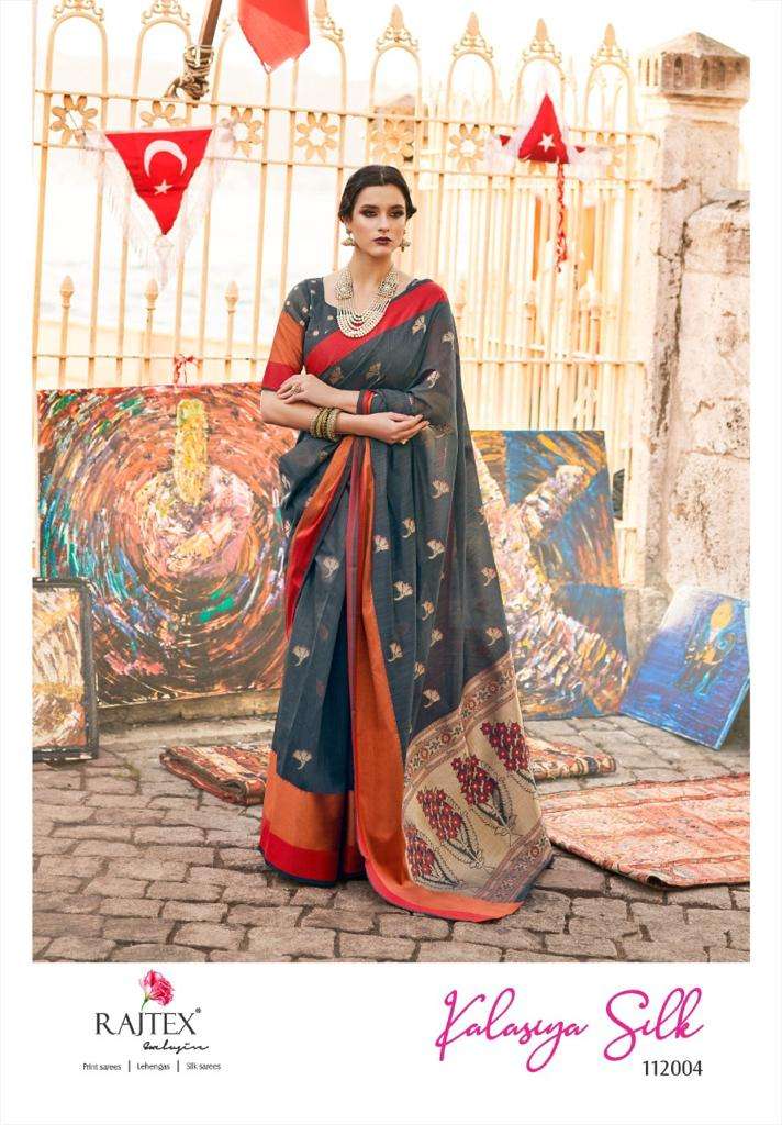 KALASIYA SILK BY RAJ TEX 112001 TO 112006 SERIES INDIAN TRADITIONAL WEAR COLLECTION BEAUTIFUL STYLISH FANCY COLORFUL PARTY WEAR & OCCASIONAL WEAR PURE LINEN SILK SAREES AT WHOLESALE PRICE