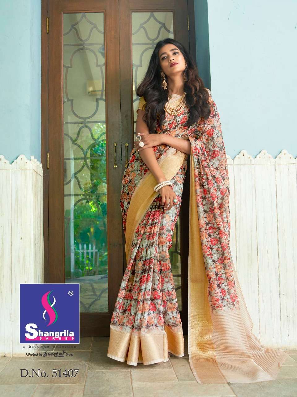 TRISHA DIGITAL LINEN BY SHANGRILA 51407 TO 51418 SERIES INDIAN TRADITIONAL WEAR COLLECTION BEAUTIFUL STYLISH FANCY COLORFUL PARTY WEAR & OCCASIONAL WEAR SOFT JACQUARD WITH DIGITAL SILK PRINT SAREES AT WHOLESALE PRICE