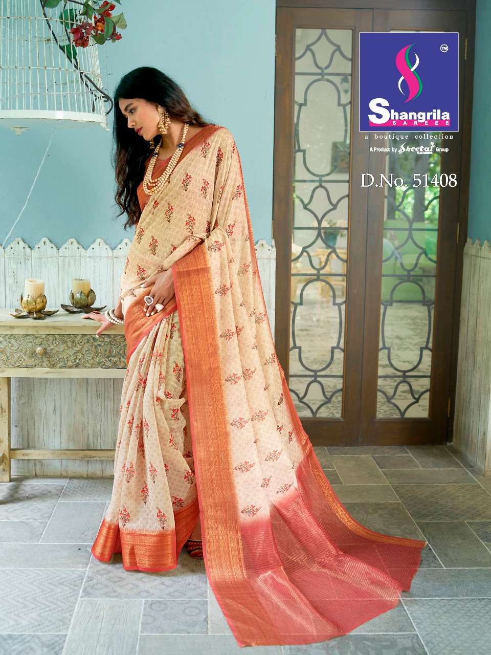 TRISHA DIGITAL LINEN BY SHANGRILA 51407 TO 51418 SERIES INDIAN TRADITIONAL WEAR COLLECTION BEAUTIFUL STYLISH FANCY COLORFUL PARTY WEAR & OCCASIONAL WEAR SOFT JACQUARD WITH DIGITAL SILK PRINT SAREES AT WHOLESALE PRICE