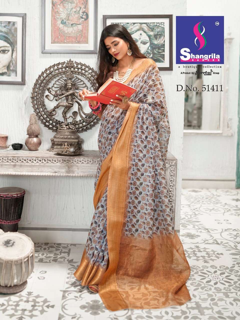 TRISHA DIGITAL LINEN BY SHANGRILA 51407 TO 51418 SERIES INDIAN TRADITIONAL WEAR COLLECTION BEAUTIFUL STYLISH FANCY COLORFUL PARTY WEAR & OCCASIONAL WEAR SOFT JACQUARD WITH DIGITAL SILK PRINT SAREES AT WHOLESALE PRICE
