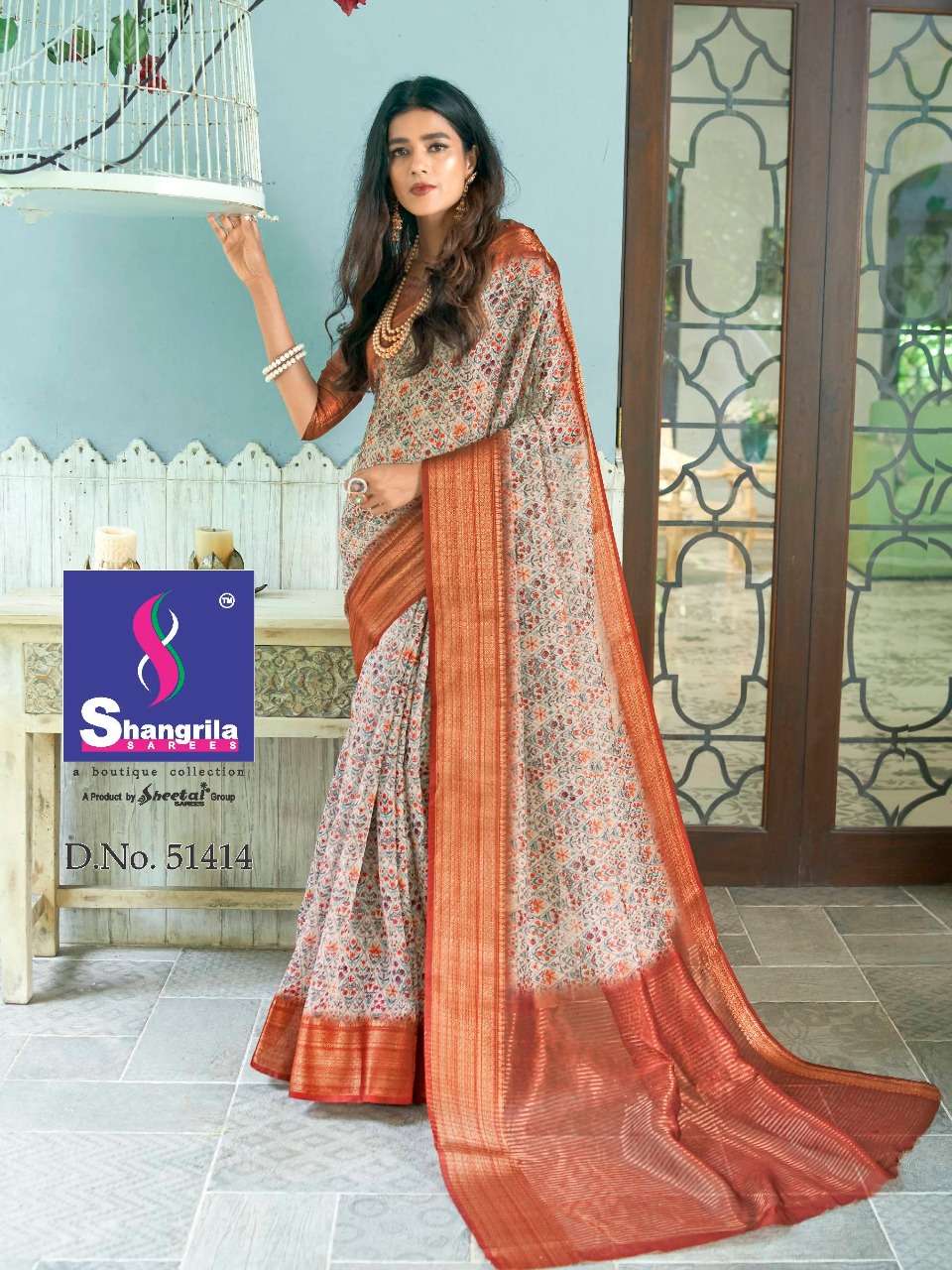 TRISHA DIGITAL LINEN BY SHANGRILA 51407 TO 51418 SERIES INDIAN TRADITIONAL WEAR COLLECTION BEAUTIFUL STYLISH FANCY COLORFUL PARTY WEAR & OCCASIONAL WEAR SOFT JACQUARD WITH DIGITAL SILK PRINT SAREES AT WHOLESALE PRICE
