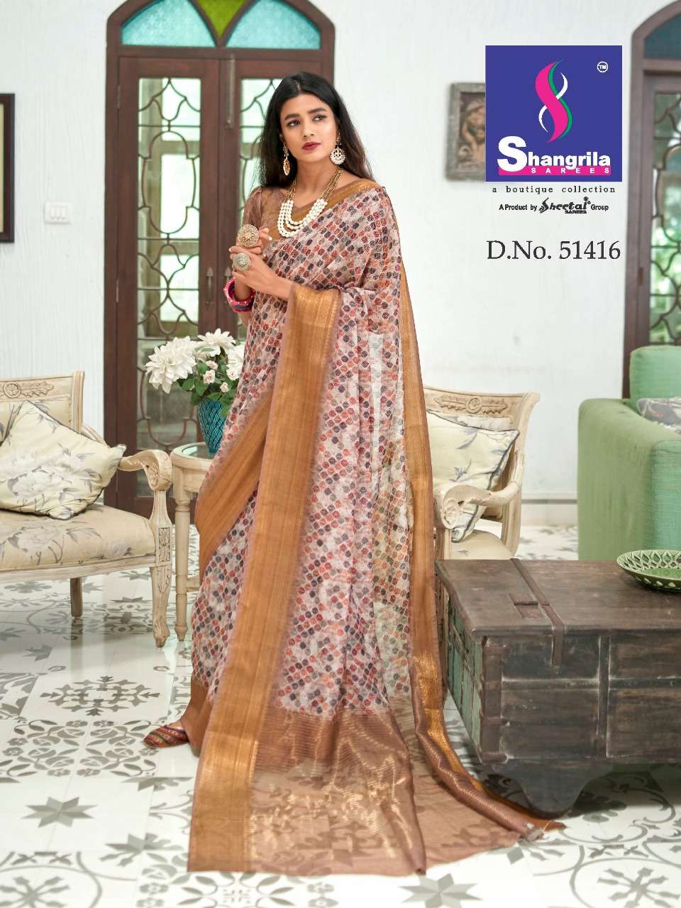 TRISHA DIGITAL LINEN BY SHANGRILA 51407 TO 51418 SERIES INDIAN TRADITIONAL WEAR COLLECTION BEAUTIFUL STYLISH FANCY COLORFUL PARTY WEAR & OCCASIONAL WEAR SOFT JACQUARD WITH DIGITAL SILK PRINT SAREES AT WHOLESALE PRICE