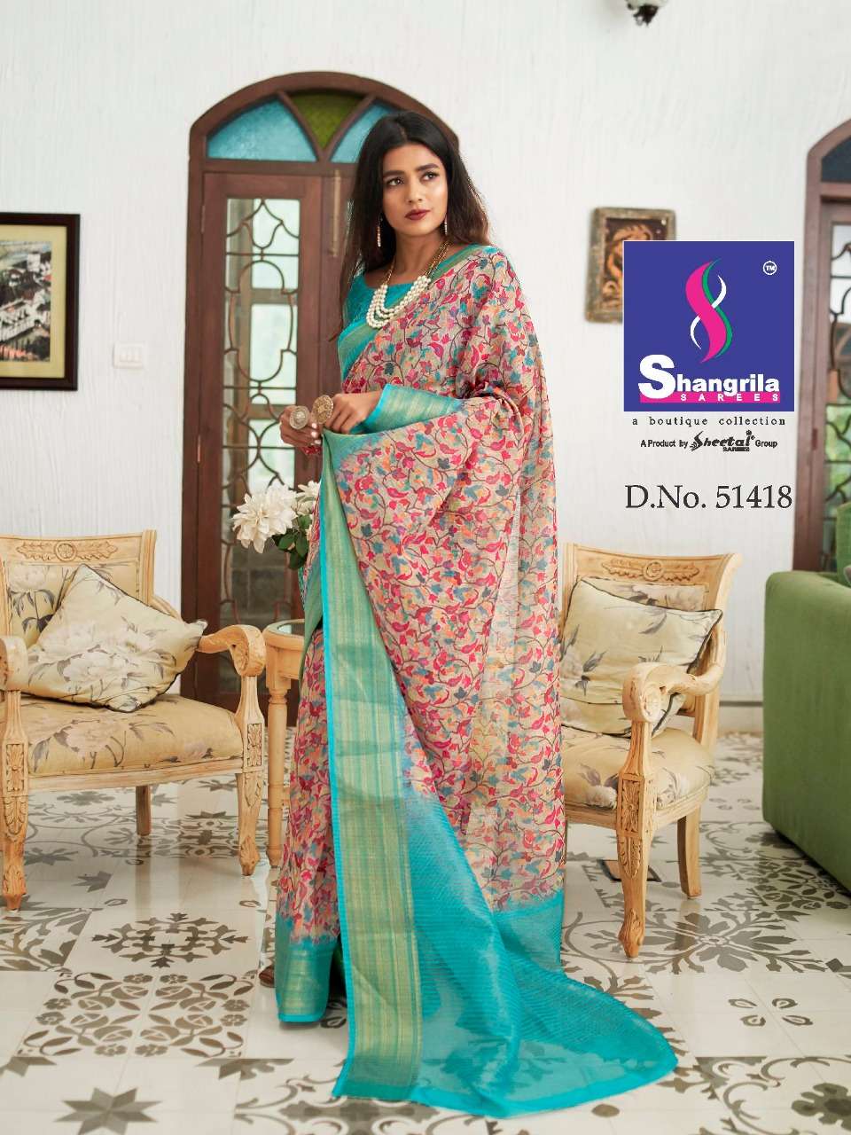 TRISHA DIGITAL LINEN BY SHANGRILA 51407 TO 51418 SERIES INDIAN TRADITIONAL WEAR COLLECTION BEAUTIFUL STYLISH FANCY COLORFUL PARTY WEAR & OCCASIONAL WEAR SOFT JACQUARD WITH DIGITAL SILK PRINT SAREES AT WHOLESALE PRICE
