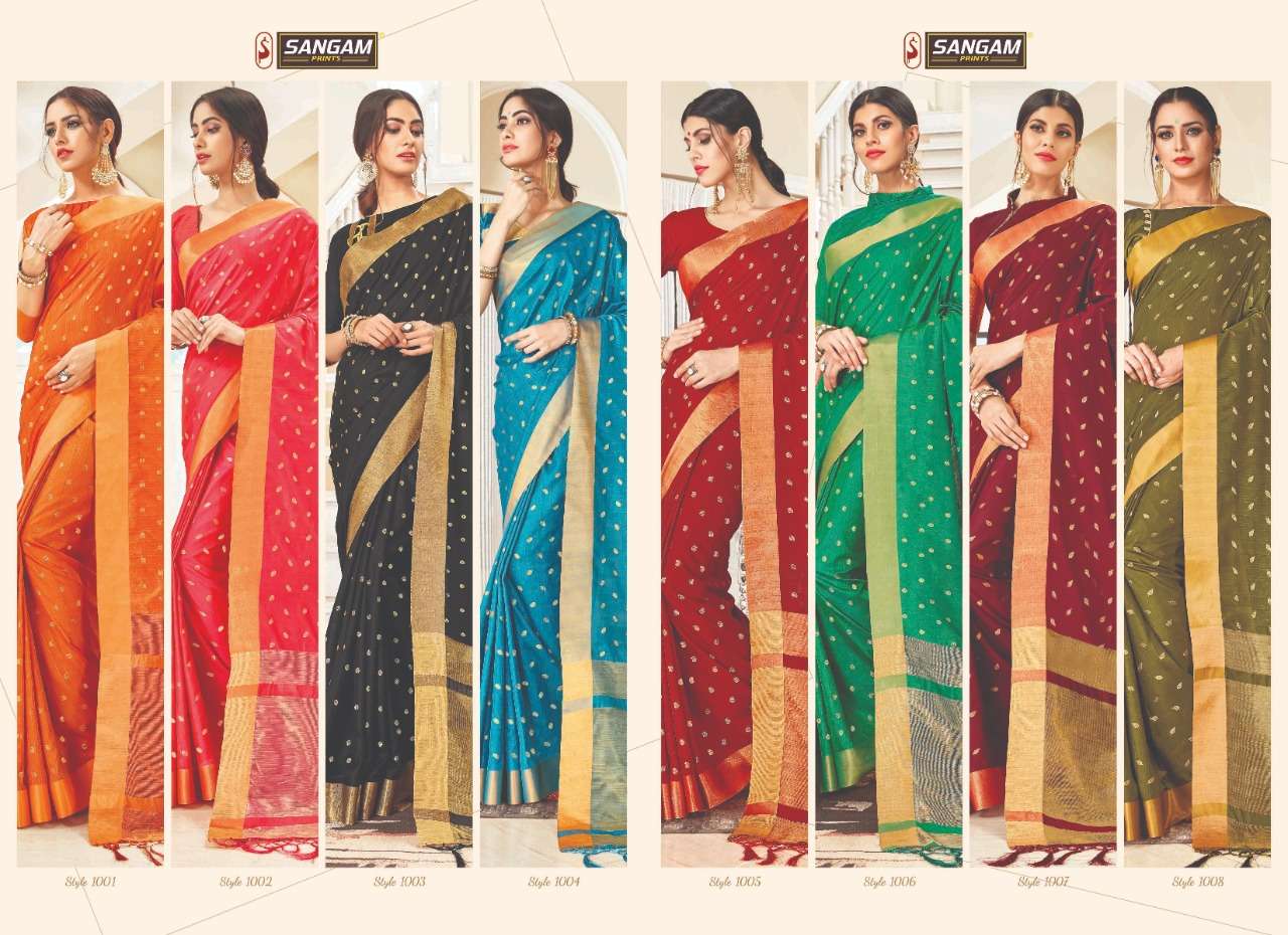 TARA SITARA BY SANGAM PRINTS 1001 TO 1008 SERIES INDIAN TRADITIONAL WEAR COLLECTION BEAUTIFUL STYLISH FANCY COLORFUL PARTY WEAR & OCCASIONAL WEAR SILK BLENDED SAREES AT WHOLESALE PRICE
