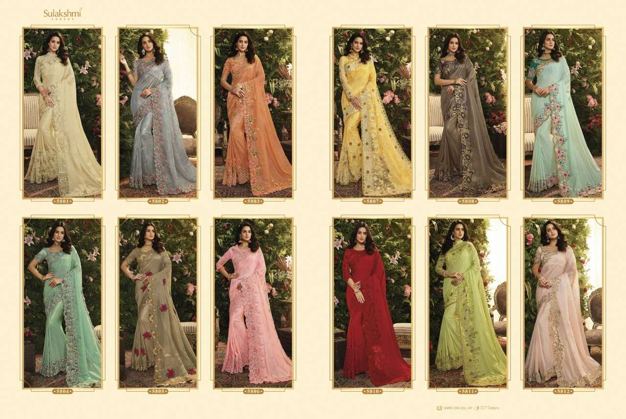 FLORA BY SULAKSHMI 5801 TO 5812 SERIES INDIAN TRADITIONAL WEAR COLLECTION BEAUTIFUL STYLISH FANCY COLORFUL PARTY WEAR & OCCASIONAL WEAR FANCY SAREES AT WHOLESALE PRICE