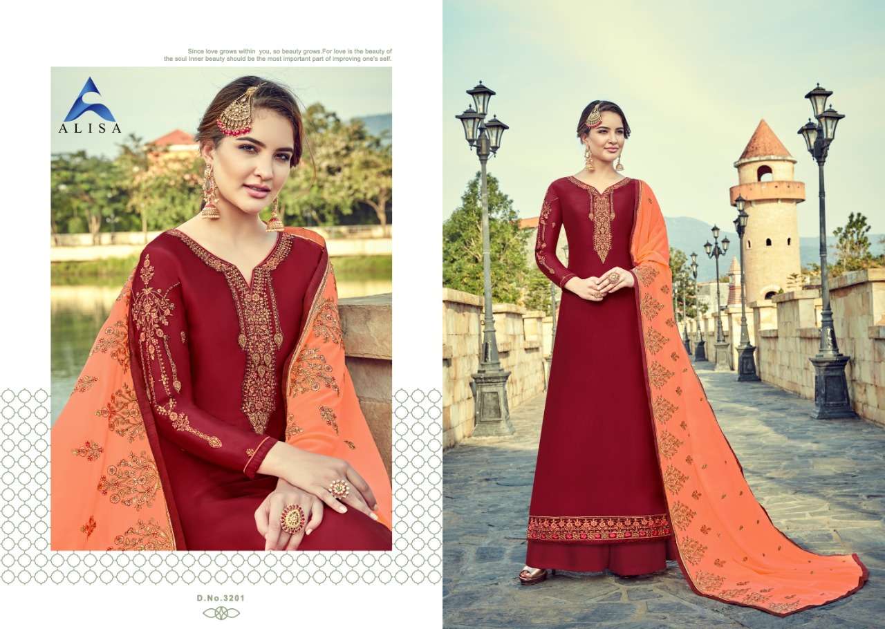 SARA VOL-2 BY ALISA 3201 TO 3206 SERIES DESIGNER SHARARA SUITS COLLECTION BEAUTIFUL STYLISH FANCY COLORFUL PARTY WEAR & OCCASIONAL WEAR SATIN GEORGETTE WITH EMBROIDERY  DRESSES AT WHOLESALE PRICE