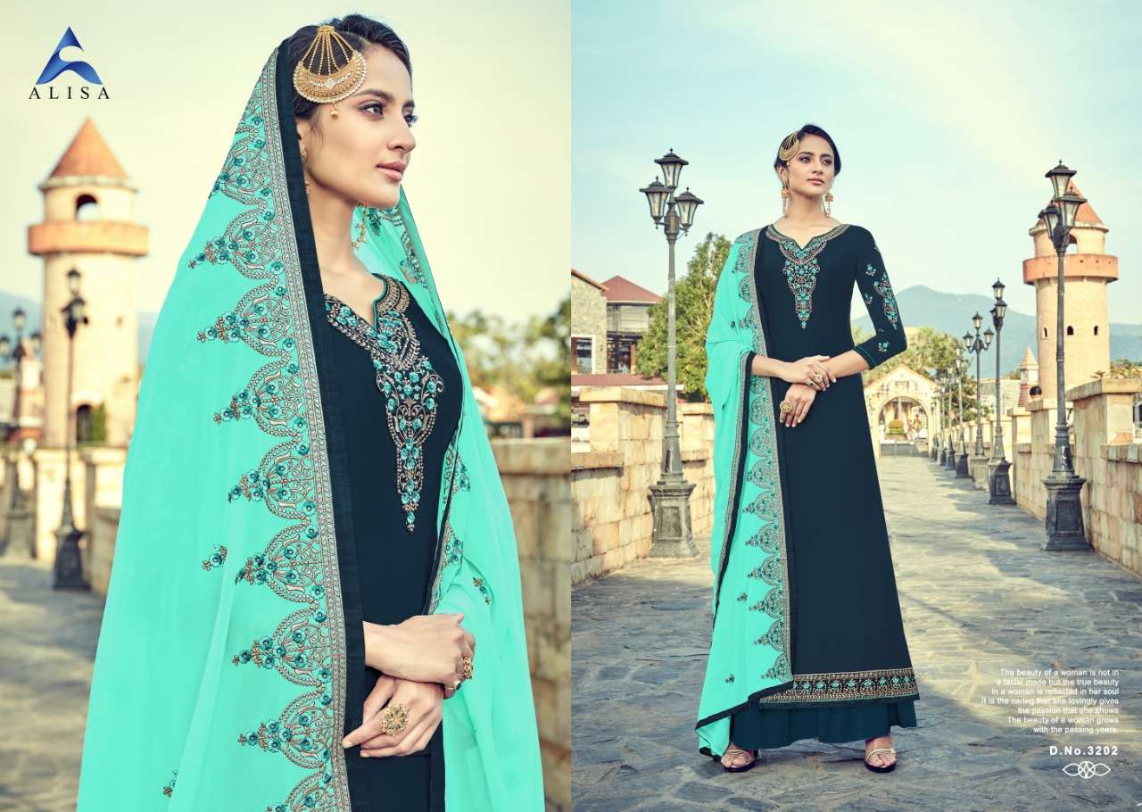 SARA VOL-2 BY ALISA 3201 TO 3206 SERIES DESIGNER SHARARA SUITS COLLECTION BEAUTIFUL STYLISH FANCY COLORFUL PARTY WEAR & OCCASIONAL WEAR SATIN GEORGETTE WITH EMBROIDERY  DRESSES AT WHOLESALE PRICE