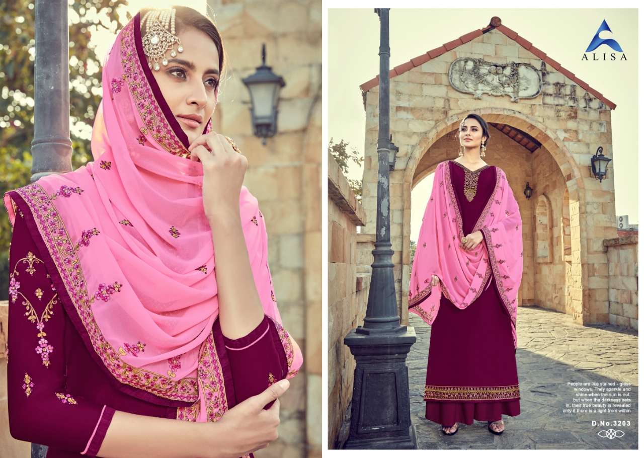 SARA VOL-2 BY ALISA 3201 TO 3206 SERIES DESIGNER SHARARA SUITS COLLECTION BEAUTIFUL STYLISH FANCY COLORFUL PARTY WEAR & OCCASIONAL WEAR SATIN GEORGETTE WITH EMBROIDERY  DRESSES AT WHOLESALE PRICE
