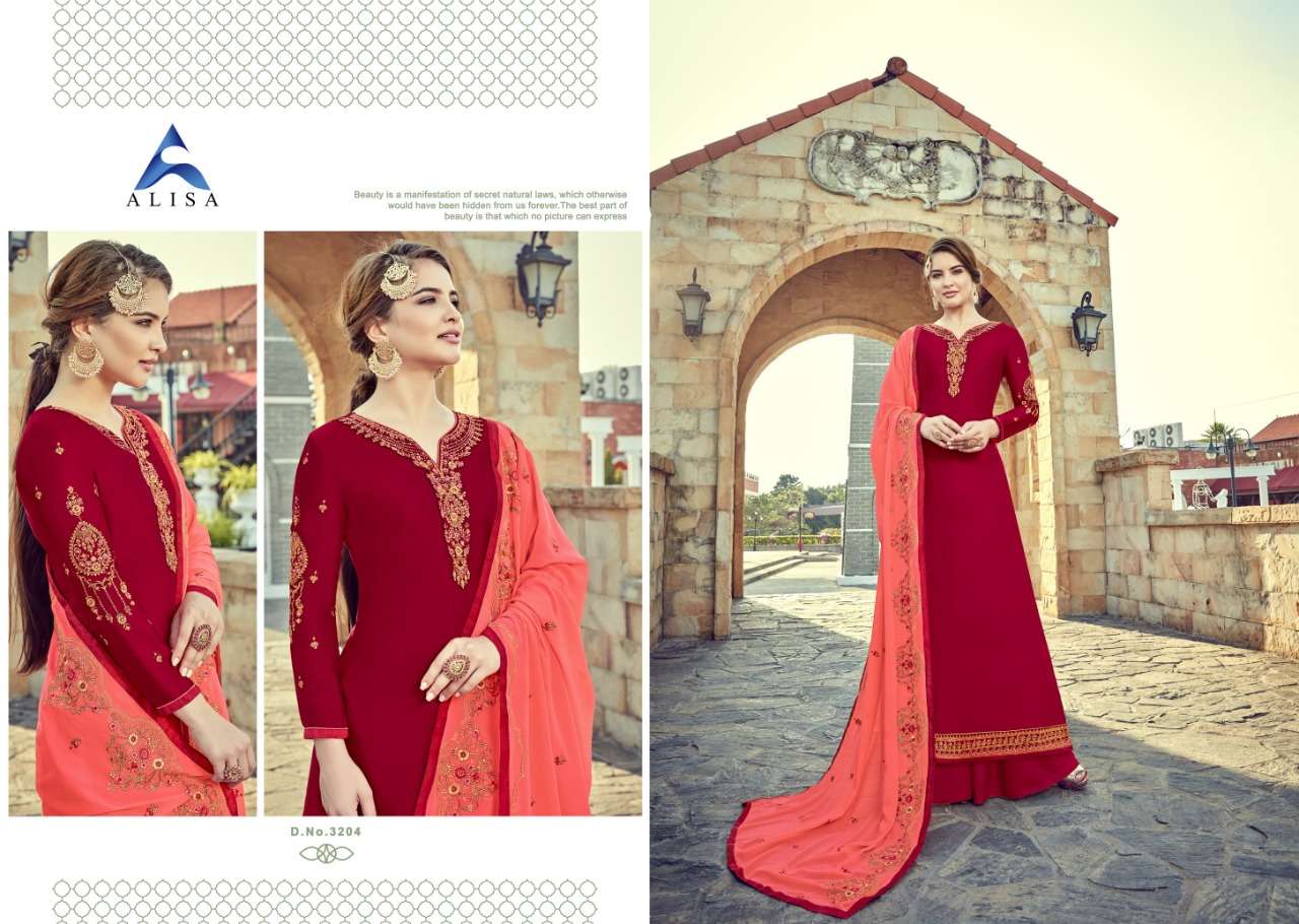 SARA VOL-2 BY ALISA 3201 TO 3206 SERIES DESIGNER SHARARA SUITS COLLECTION BEAUTIFUL STYLISH FANCY COLORFUL PARTY WEAR & OCCASIONAL WEAR SATIN GEORGETTE WITH EMBROIDERY  DRESSES AT WHOLESALE PRICE