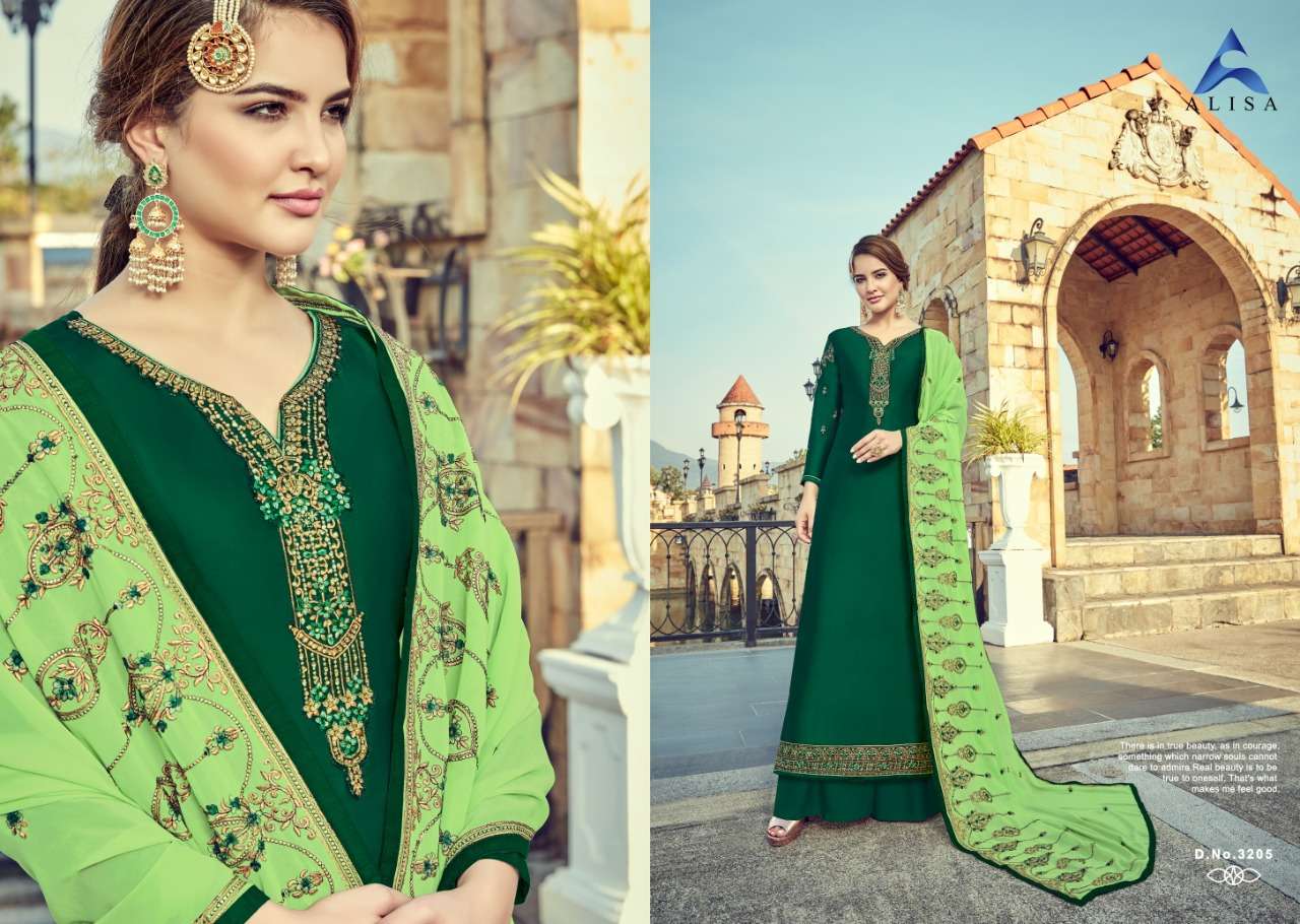 SARA VOL-2 BY ALISA 3201 TO 3206 SERIES DESIGNER SHARARA SUITS COLLECTION BEAUTIFUL STYLISH FANCY COLORFUL PARTY WEAR & OCCASIONAL WEAR SATIN GEORGETTE WITH EMBROIDERY  DRESSES AT WHOLESALE PRICE
