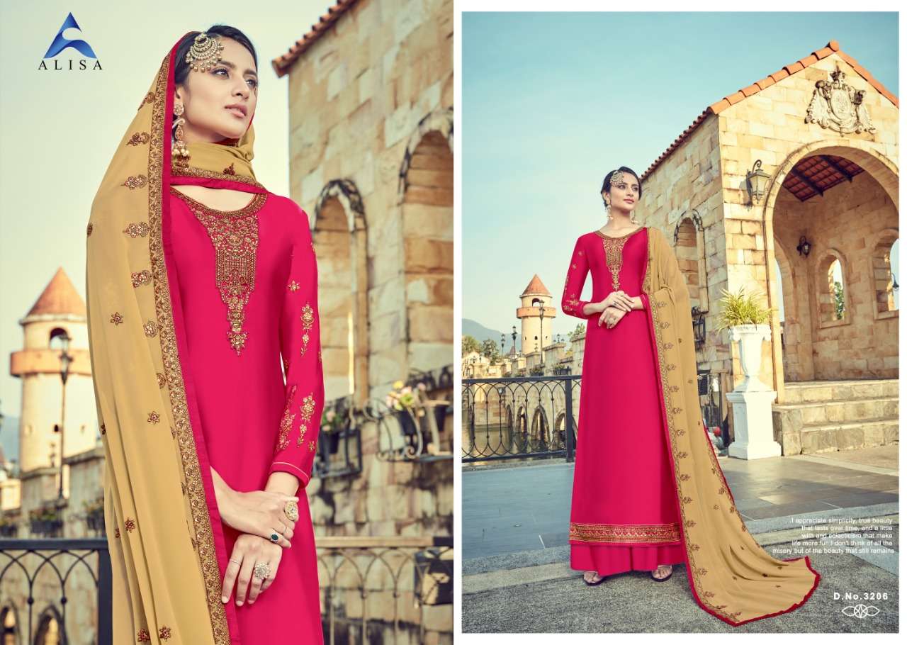 SARA VOL-2 BY ALISA 3201 TO 3206 SERIES DESIGNER SHARARA SUITS COLLECTION BEAUTIFUL STYLISH FANCY COLORFUL PARTY WEAR & OCCASIONAL WEAR SATIN GEORGETTE WITH EMBROIDERY  DRESSES AT WHOLESALE PRICE