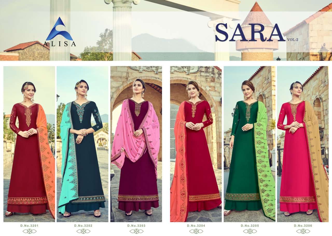SARA VOL-2 BY ALISA 3201 TO 3206 SERIES DESIGNER SHARARA SUITS COLLECTION BEAUTIFUL STYLISH FANCY COLORFUL PARTY WEAR & OCCASIONAL WEAR SATIN GEORGETTE WITH EMBROIDERY  DRESSES AT WHOLESALE PRICE