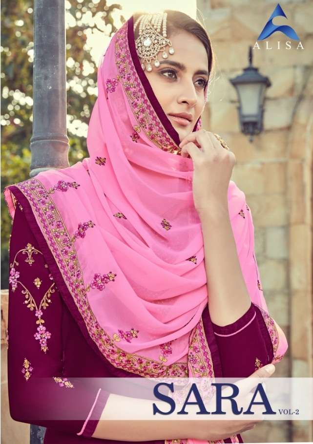 SARA VOL-2 BY ALISA 3201 TO 3206 SERIES DESIGNER SHARARA SUITS COLLECTION BEAUTIFUL STYLISH FANCY COLORFUL PARTY WEAR & OCCASIONAL WEAR SATIN GEORGETTE WITH EMBROIDERY  DRESSES AT WHOLESALE PRICE