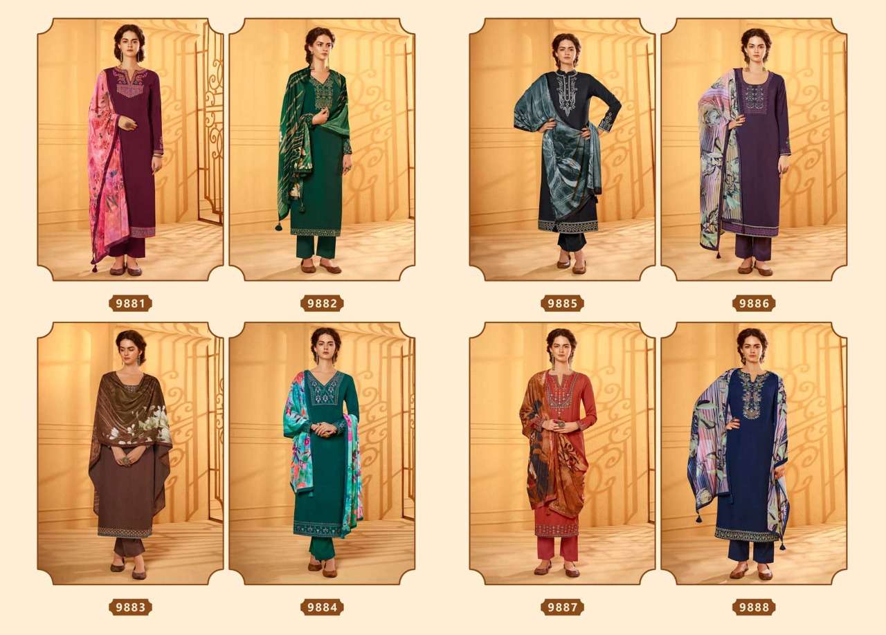 VELVET VOL-59 BY KIMORA FASHION 9881 TO 9888 SERIES BEAUTIFUL STYLISH DESIGNER PRINTED AND EMBROIDERED PARTY WEAR OCCASIONAL WEAR SHAGUN SILK WITH EMBROIDERED DRESSES AT WHOLESALE PRICE