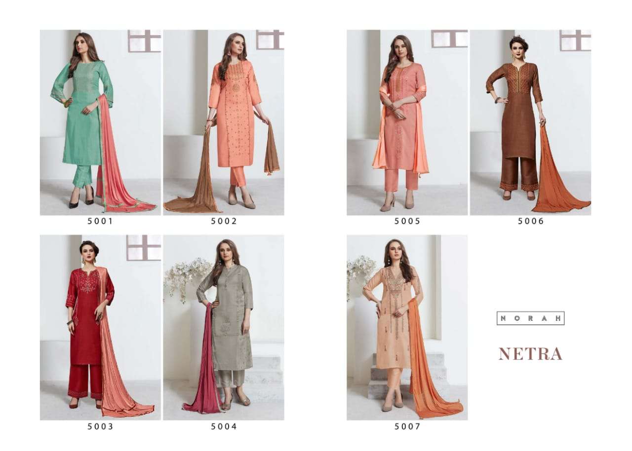 NETRA BY NEHA FASHION 5001 TO 5007 SERIES BEAUTIFUL STYLISH DESIGNER PRINTED AND EMBROIDERED PARTY WEAR OCCASIONAL WEAR TUSSAR SILK DRESSES AT WHOLESALE PRICE